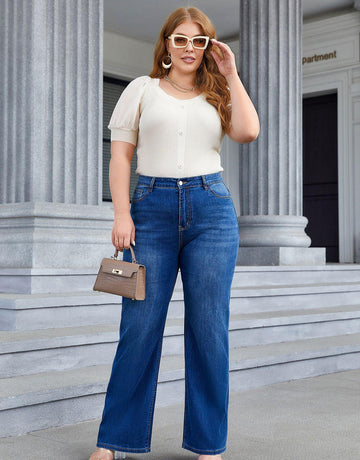 Woochic Pantalon grande taille large denim stretch taille haute